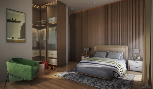 Master bedroom interior with green views