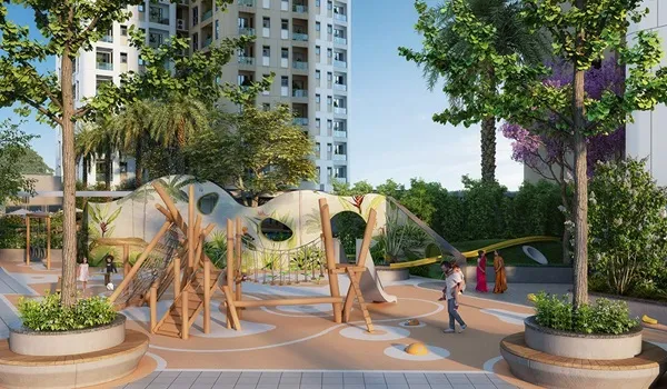 Children's outdoor play area with landscaping